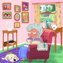 Load image into Gallery viewer, Granny Pearl is a fellow fan of Bakersfield. Just look at all the Bako references here in her charming home: The Bakersfield Californian on her chair arm, a Smith’s thumbprint cookie on her plate, Dewar’s chews in her candy jar, even a copy of our Indy book on her table! Then, the beautiful view of the Fox Theater and The Padre Hotel in the background ...