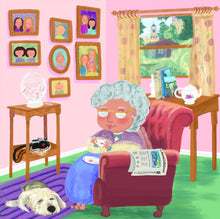 Load image into Gallery viewer, Granny Pearl is a fellow fan of Bakersfield. Just look at all the Bako references here in her charming home: The Bakersfield Californian on her chair arm, a Smith’s thumbprint cookie on her plate, Dewar’s chews in her candy jar, even a copy of our Indy book on her table! Then, the beautiful view of the Fox Theater and The Padre Hotel in the background ...
